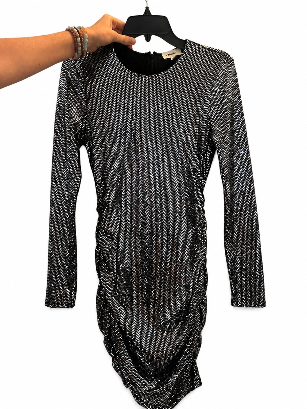 L'AGENCE Black Sparkle Long-Sleeve Ruched Mini Dress